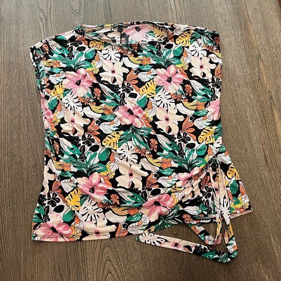 Lane Bryant Sleeveless Boat Neck Colorful Floral Print Ruched Blouse Sz 14/16 - Picture 1 of 4